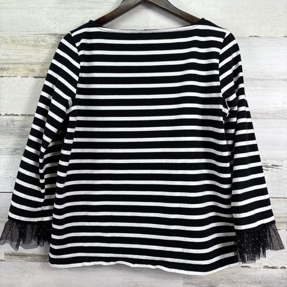 J. Crew Black White Striped Boat Neck Tulle Polka Dot Cuff Sleeve‎ Top M - Picture 3 of 11